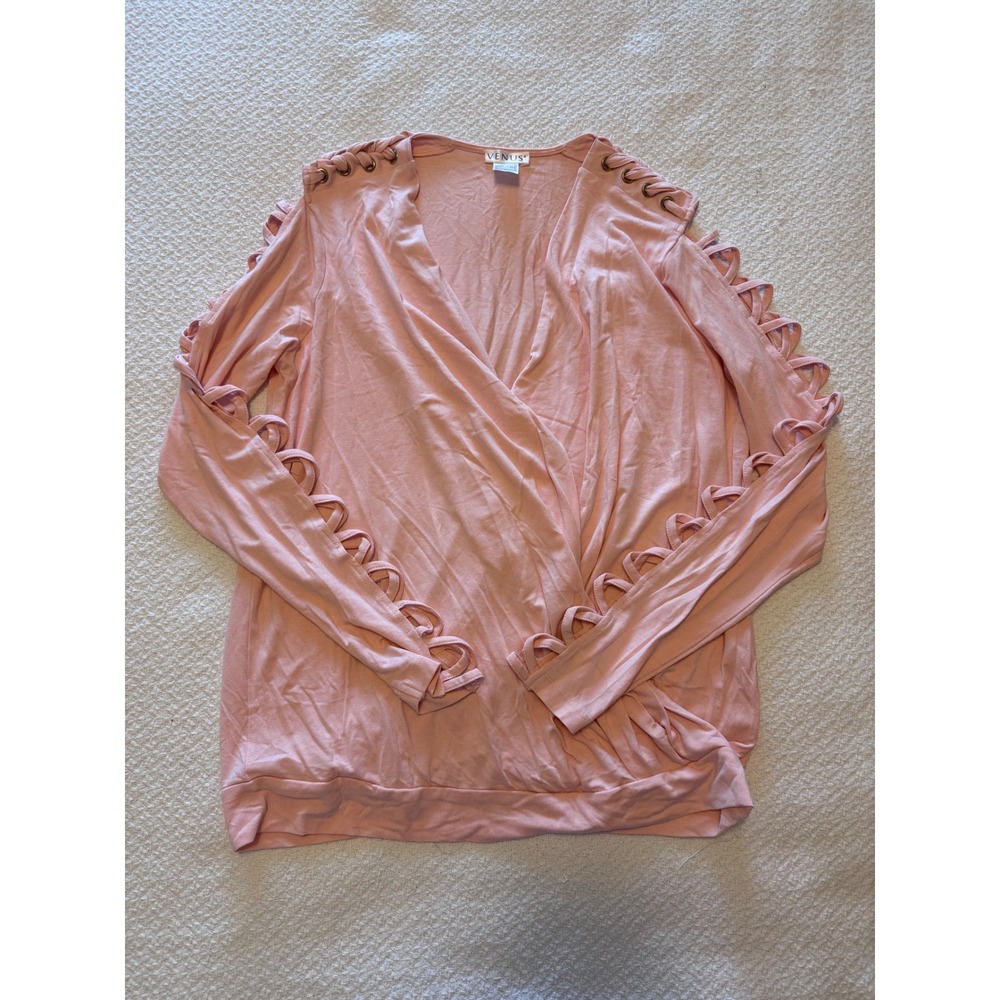 Venus Pink Surplice Wrap Top Lattice Strappy Cut Out Long Sleeve Medium